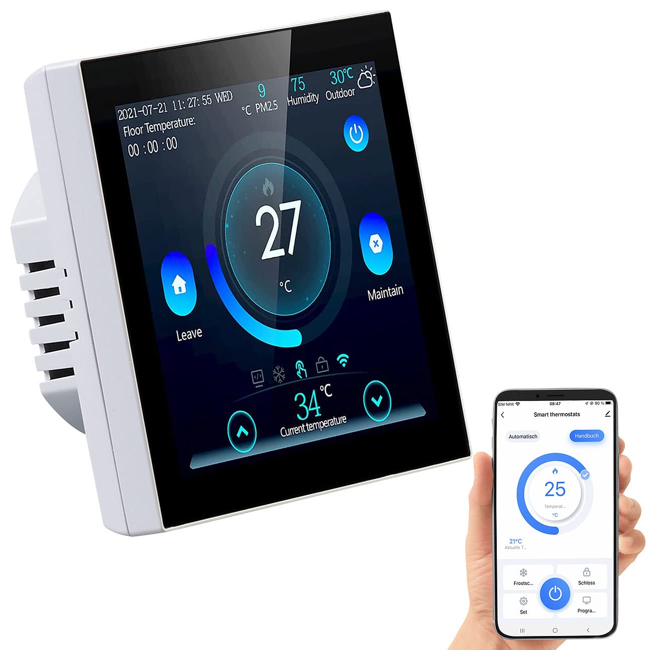 revolt Thermostat WLAN Heizung: WLAN-Fußbodenheizung-Thermostat mit Touchdisplay, Feinstaub-Anzeige (Steuerung, Raumthermostat Aufputz, Funk)