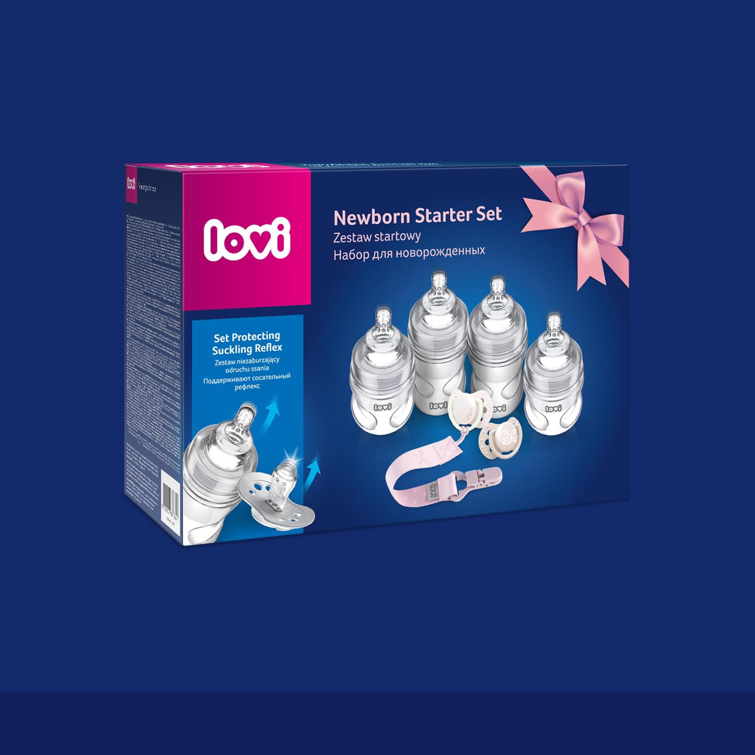 LOVI Baby Shower Geschenkset – 4 Babyflaschen (2 x 150 ml, 2 x 250 ml), Beruhigungssauger 0–2 M., Schnullerband, Set für Neugeborene (Girl)