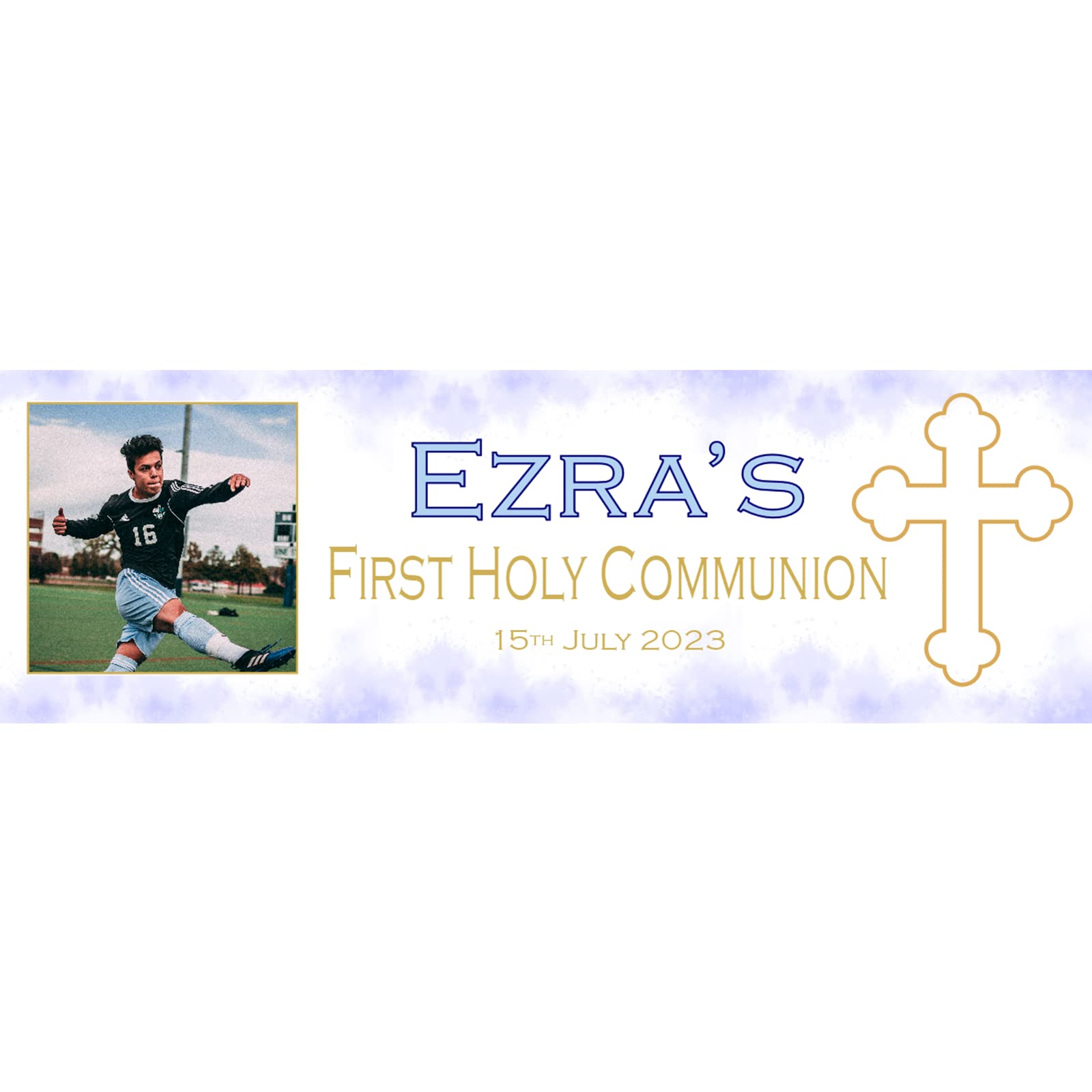 Personalised First Holy Communion Banner for Boys, Blue & Gold Welcome Sign with Photo Backdrop (Blue)