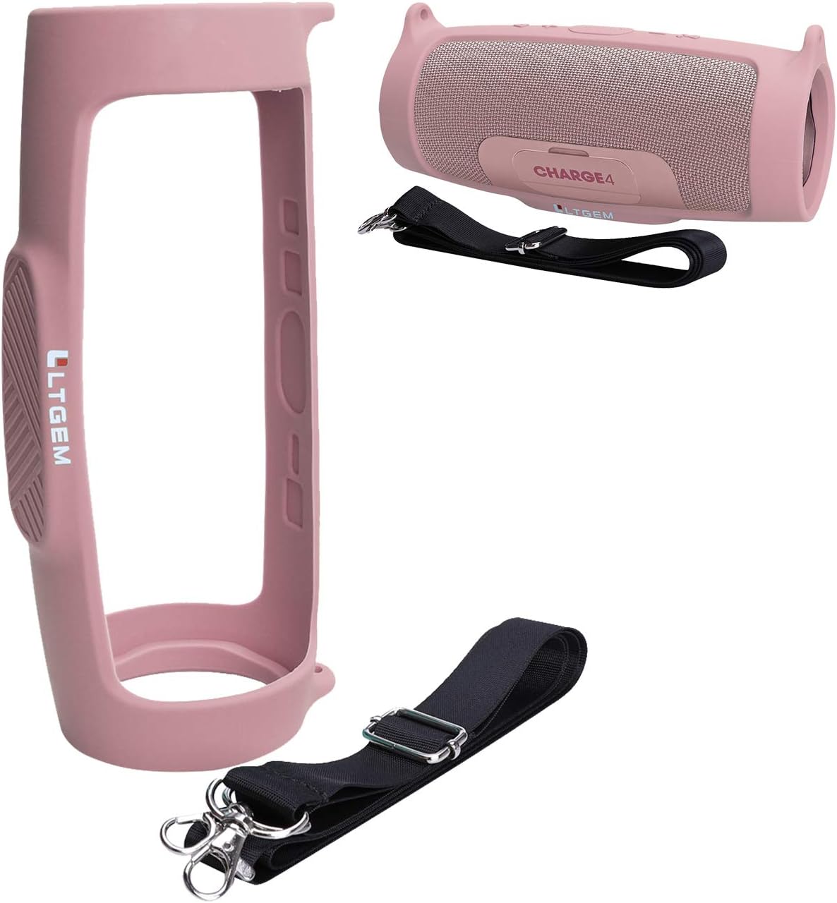 LTGEM Silicone Case Cover for JBL Charge 4 Speaker,Travel Protective Carrying Gel Soft Skin, Waterproof Rubber Pouch with Shoulder Strap(Pink)
