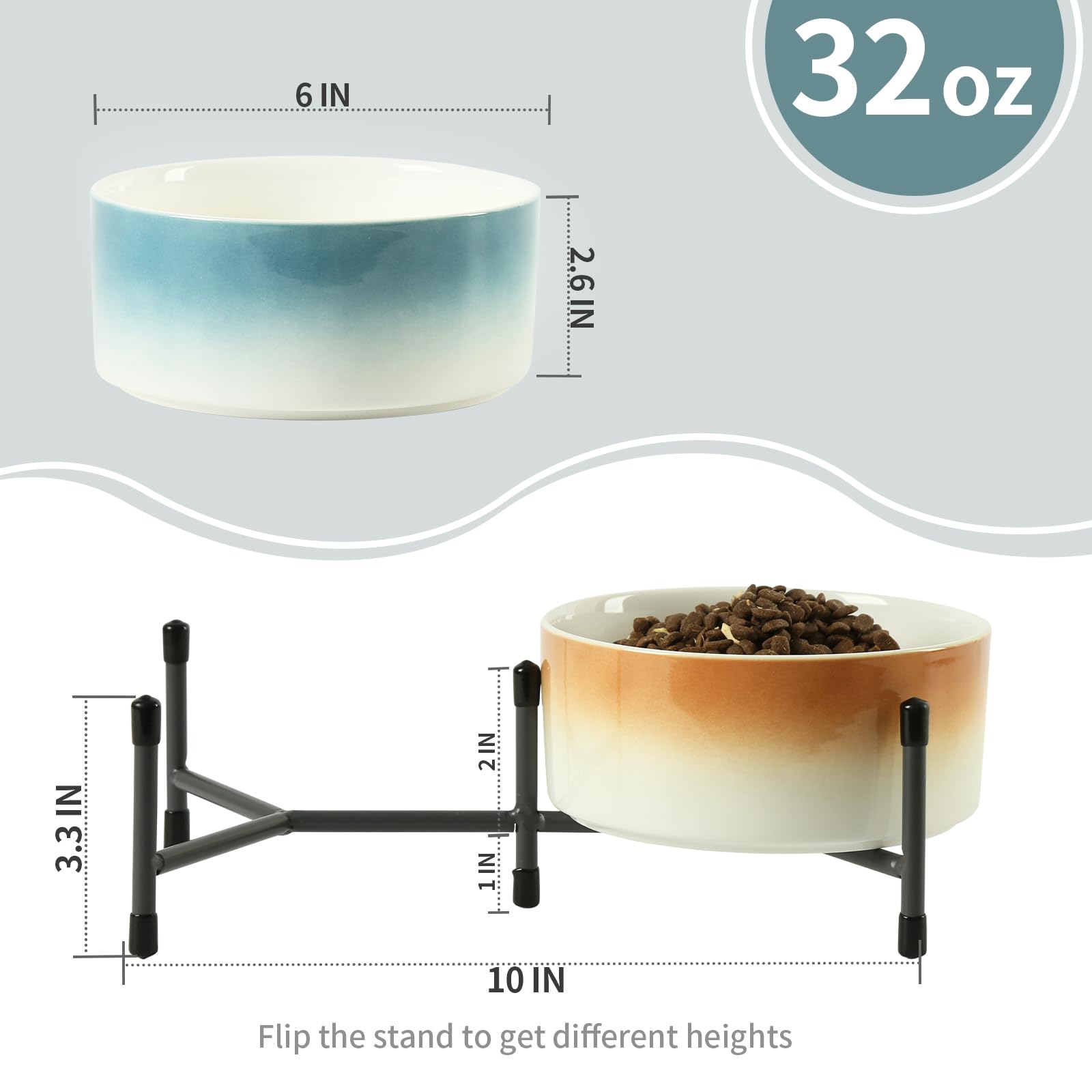 Lot de 2 gamelles en céramique pour chien et chat avec support en métal surélevé, gamelle en céramique de 15,2 cm pour nourriture et eau, gamelles pour chats et chiens, bleu et marron