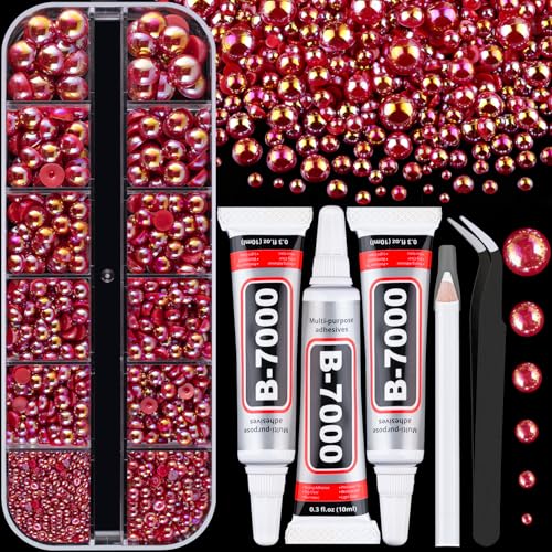 Image of Flatback Pearls for Crafting with 3Pcs 10ml B7000 Jewelry Glue, 1 Box of Half Round Red AB Pearls, Bedazzling Beads for DIY Crafts Clothing Tumblers Shoes Embellishment Nail Art