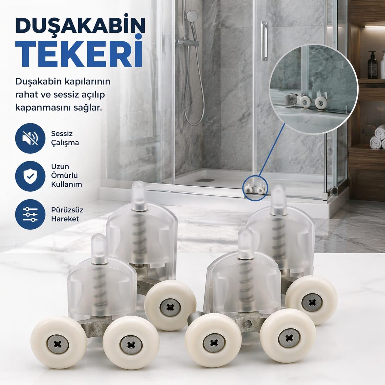 VIVALUXE Duşakabin Kapı Tekerleği Seti, 4'lü Alt/Üst Duş Kapısı Rulmanı, Cam Duşakabin Sürgü Tekerlek Takımı, Sessiz Kayar, Paslanmaz Vidalı, Kolay Montaj, Dayanıklı, Evrensel Uyumlu Yedek Parça Seti.