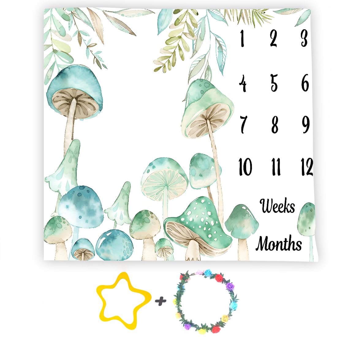 Mushroom Baby Monthly Milestone Blanket Watercolor Floral, Green, 48x48in