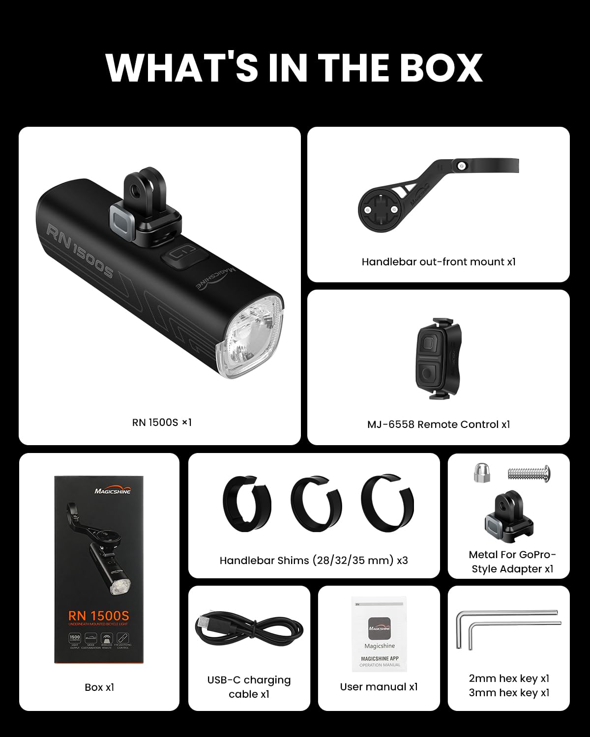 Magicshine Phares de vélo RN 1500S pour Conduite de Nuit avec Montage en Dessous, contrôle FTR LightSync, Rechargeable par USB, éclairage Avant et arrière pour vélo de Route et VTT