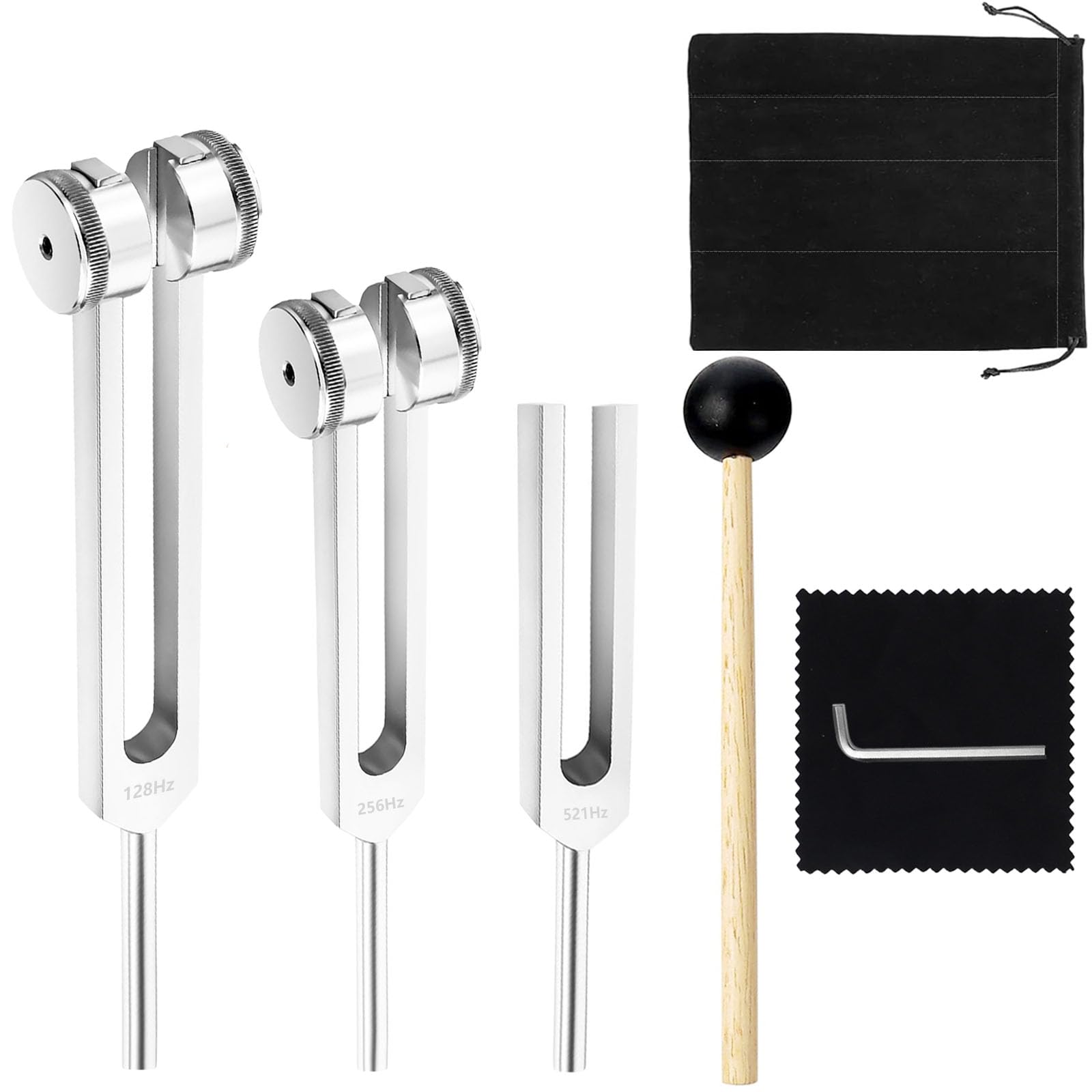 Juego de diapasones de 128 Hz, 256 Hz, 512 Hz, terapia de diapasón, diapasón de aleación de aluminio, respuesta de frecuencia precisa con un martillo de silicona para la terapia, terapia de chakras