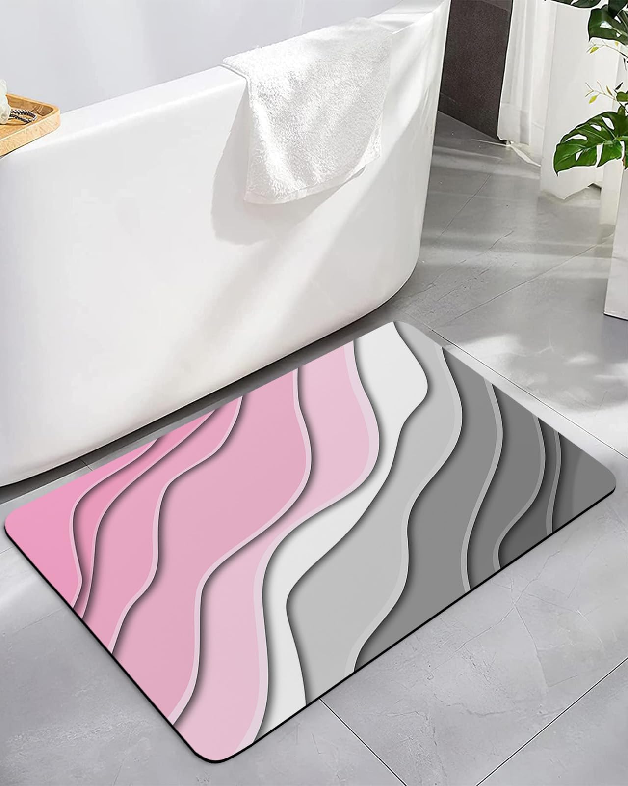 Super Absorbent Bath Mat Diatomaceous Earth Mats,Quick Dry Non-slip Shower Mats Pink and Grey Gradient Modern Geometric Diatomite Stone Floor Rugs for Bathroom Bathtub, Abstract Beach,20x32in