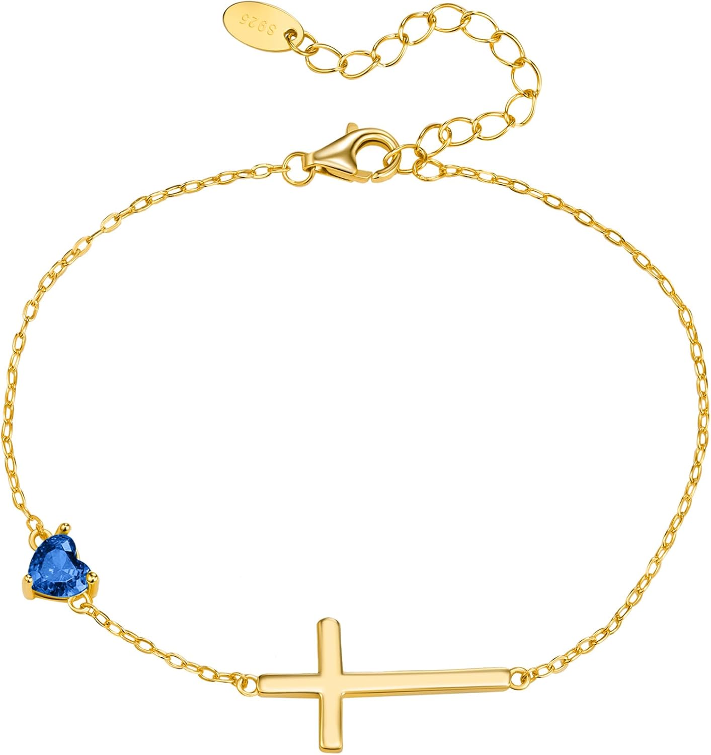 NORBU S925 Cross Bracelet for Women, 18K Gold Plated Sterling Silver Womens Cross Bracelet with Heart Birthstones, Religious Christmas Gift Anniversary Birthday Jewelry for Wife Girlfriend Her