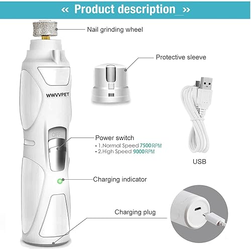 Miniatura 6 de Molinillo de uñas para mascotas con luz LED y 2 cabezales de molienda, 2 velocidades, de bajo ruido y más potente, lima para recortar uñas para