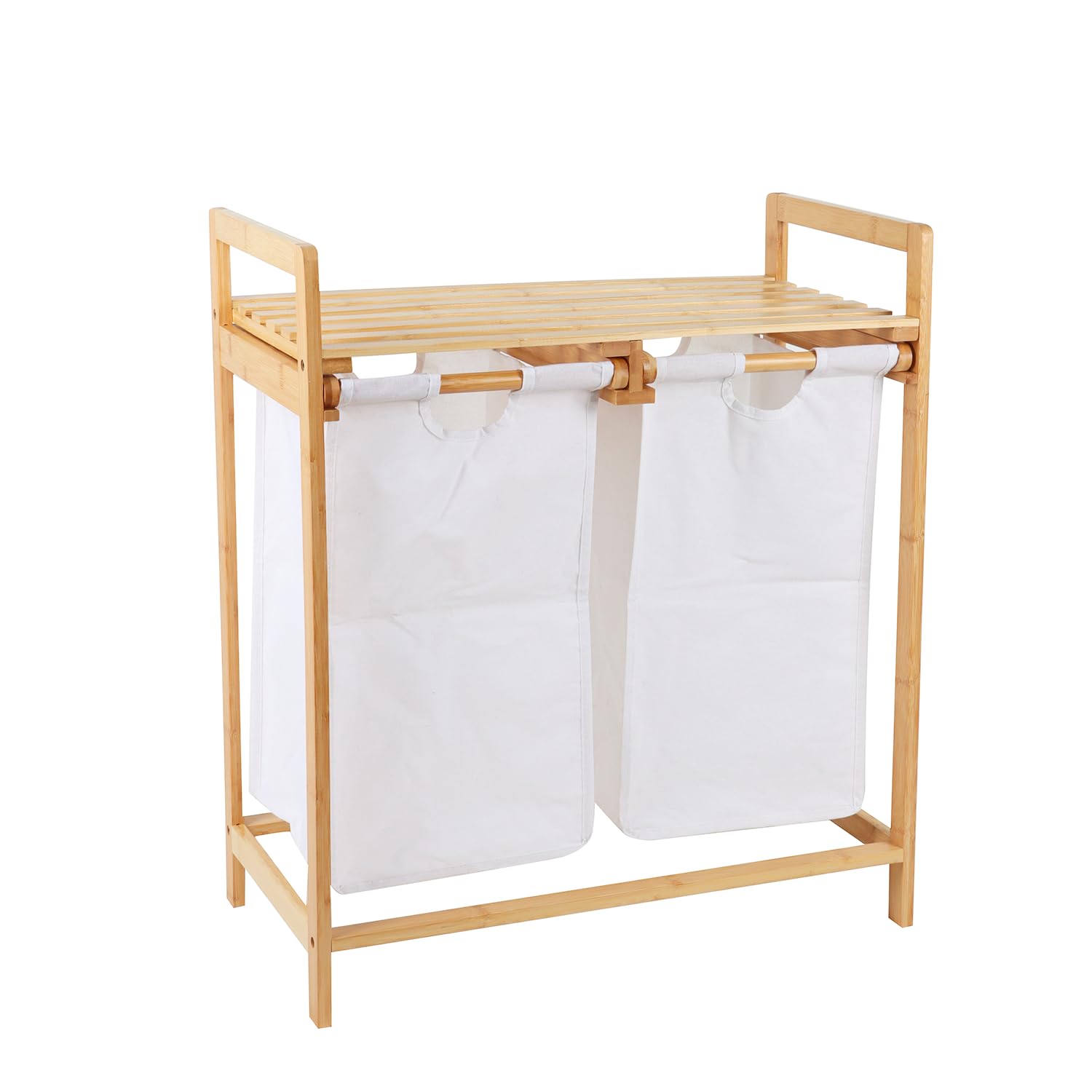 CATAVANA - Panier à Linge en Bambou - Rangement 2 Compartiments en Tissu (30L chacun) - Idéal Salle de Bain et Buanderie - Dimensions : 64x33x73 cm - Couleur : Blanc