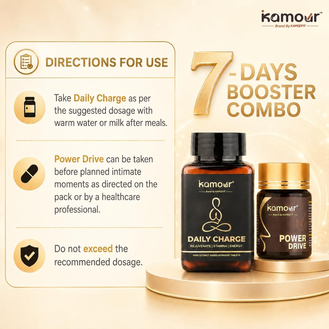 Kamour 7 Days Booster Combo | Ayurvedic Herbal Supplement Kit | Daily Charge Tablets (30) & Power Drive Capsules (7) | Ashwagandha, Safed Musli & Herbal Extracts | Daily Wellness, Energy, Stamina & Vitality Support for Men — Amazon image 6