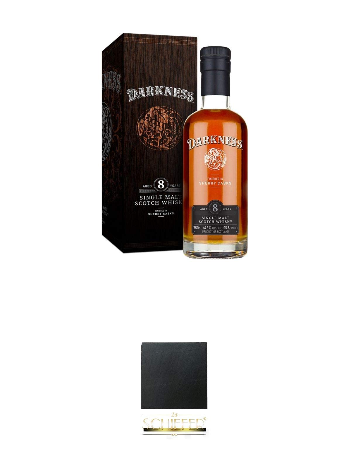Darkness 8 Jahre Single Malt Whisky Sherry Cask Finish + Schiefer Glasuntersetzer eckig ca. 9,5 cm Durchmesser