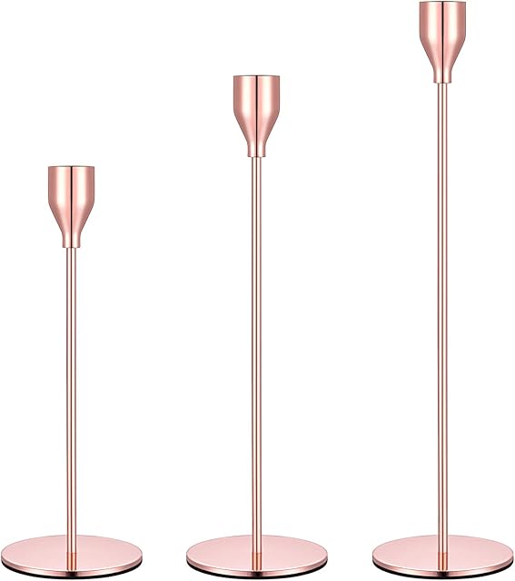 Set of 3 Candle Holders Rose Gold Taper Candlesticks Wedding Dinning Party Table Decorative Candelabra Modern Holder for 3/ 4 Inch Thick Candle & LED Candles