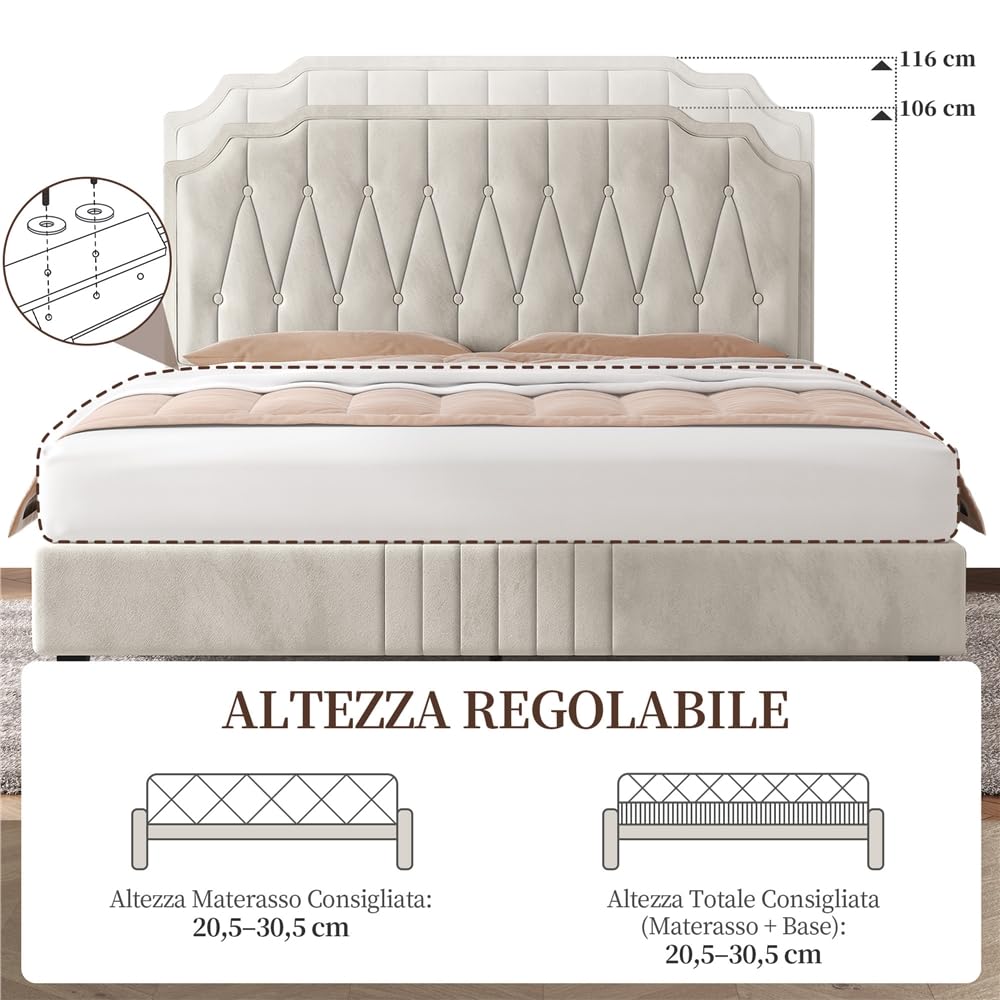 Yaheetech Letto Matrimoniale Imbottito 160 x 200 cm con Testiera Regolabile in Altezza Telaio con Rete a doghe in Legno e Metallo Beige