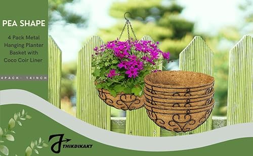 4 Pack 14Inch Metal Hanging Basket Planter For Flower Round Pot Holder Hanger Wire Metal With Coco Liner Chain Large Plant Decoration For Indoor Outdoor Home Decor Patio Garden Deck (Pea Shape) #TOP6