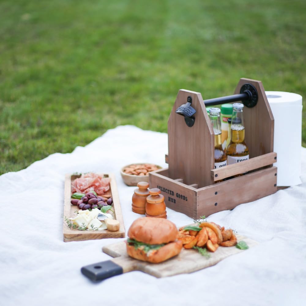 Wooden Grill Caddy Organizer - Versatile BBQ Caddy for Outdoor grill - Portable rustic wood condiment and paper towel holder with bottle opener for picnic and grilling