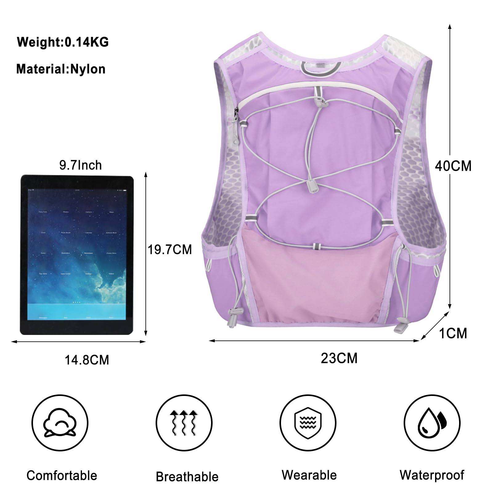 Gilet de Course 5L Léger Gilet Hydratation Réfléchissant Sac à Dos Respirant Sac à Dos d'Hydratation Ajustable pour Hommes Femmes Trail Running Marathon Violet