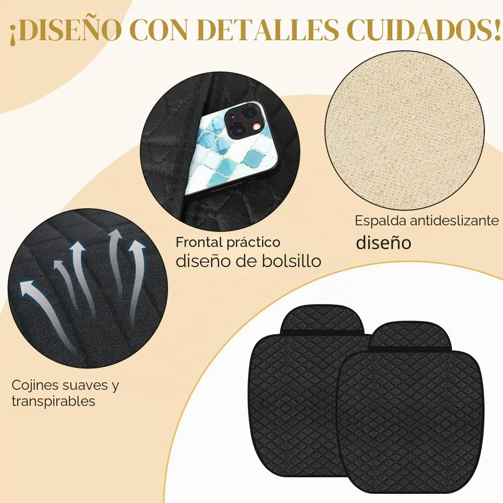 Kleemeiero 2 PCS Cojines para Coche Asientos Delanteros 60x48cm, Funda Asiento Delantero Universal Negro, Cojín para Asiento Conductor Antideslizante con 4 Portabrocas y 2 Gancho para Coche y SUV
