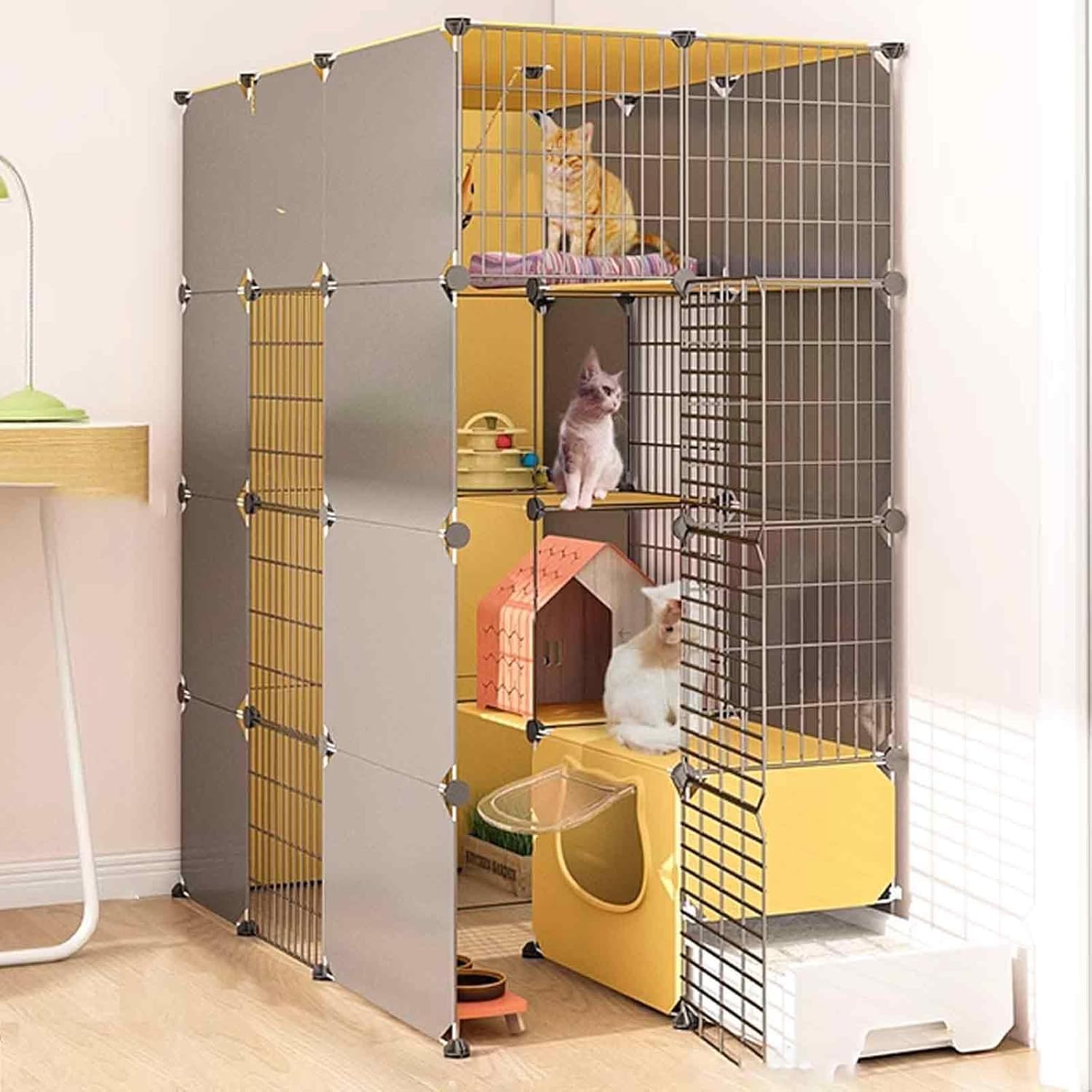 Large Indoor Cat Cages with Litter Box, Detachable Pet Cage, Kitten Fence with Roof, Super Load/Set of 6 Pieces/111 * 141 * 183Cm,6-Piece Set-75 * 141 * 147Cm