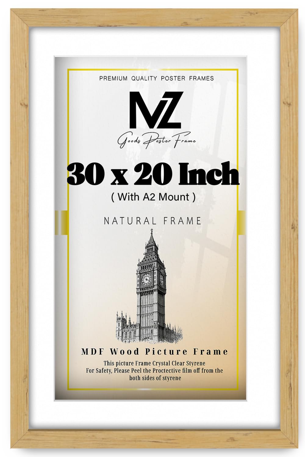 MZ GOODS | Poster Frame 2' 6" x 1' 8" Pine 30" x 20" With A2-(23 x 16 Inch) White Mount Handmade for Room Décor (76.2 x 50.8 cm) [ Pine ]