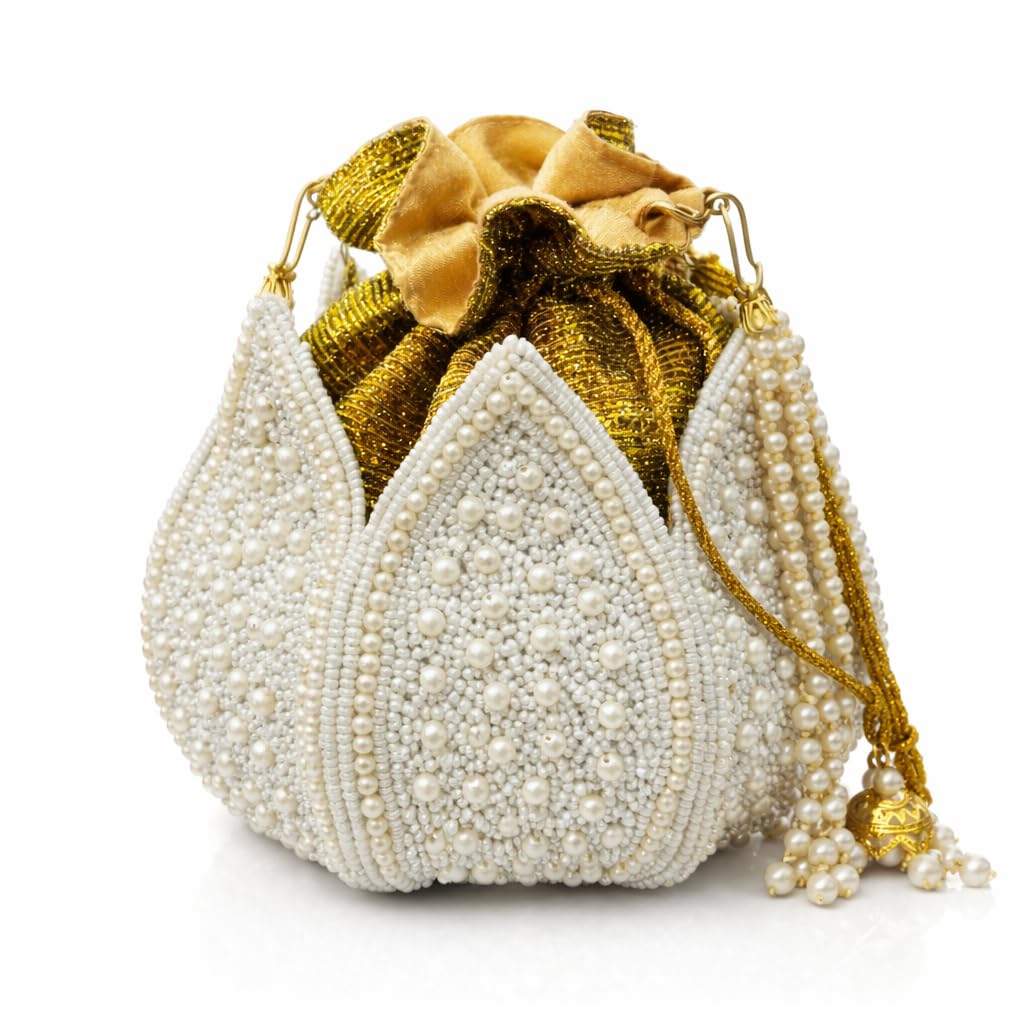 White Pearl Potli Bag for Women, Designer Bridal Wedding Potli Purse, Embroidered Batua Bag with Gold Drawstring, Pearl Tassel Potli Clutch, White Potli Bag for Gifting-picture-35