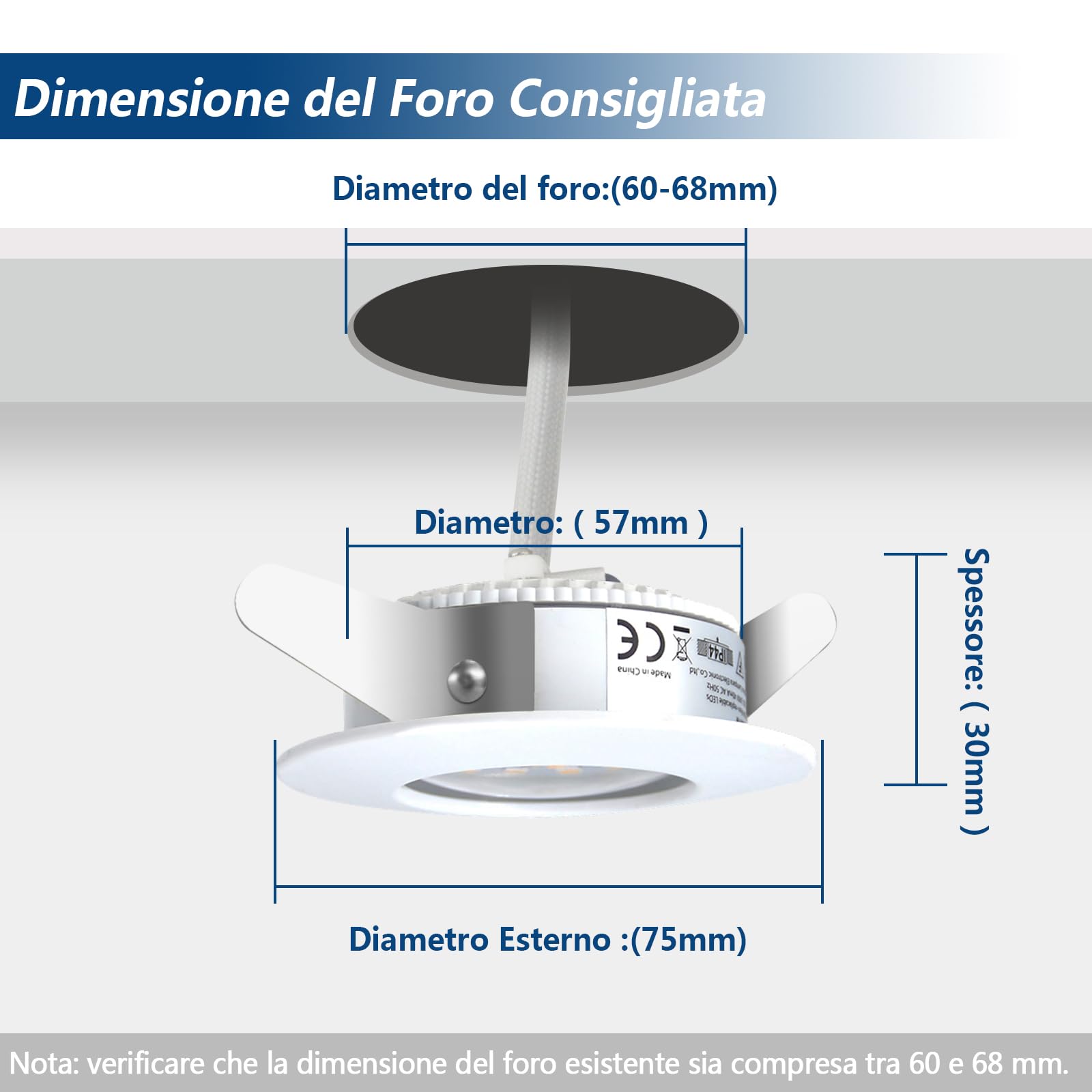 HiBay Faretti Led da Incasso per Cartongesso 7W Faretti Led Soffitto Incasso 850LM,3000K Bianco Caldo,220V Bianco IP44,Foro Ø60mm-68mm per Cucina,Esterno Set di 6