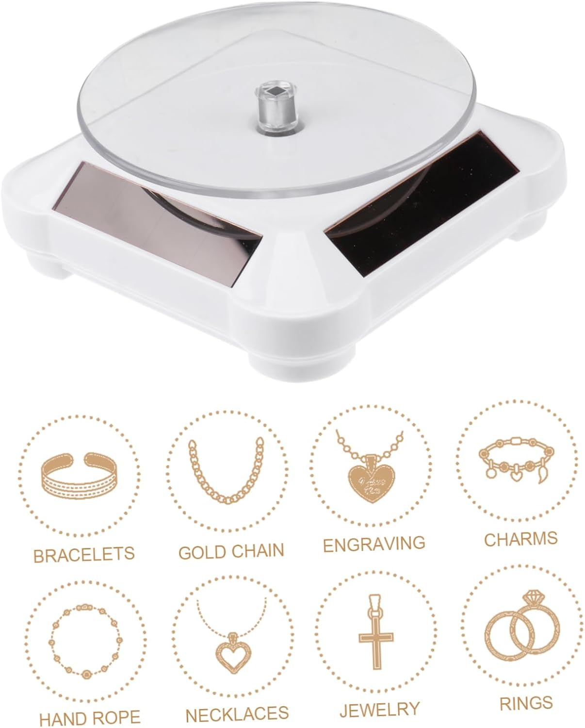 Mobestech Solar Rotating Display Stand for Jewelry and Accessories Electric Display Tray for Phones and Watches Compact Design No Battery Required Load Capacity