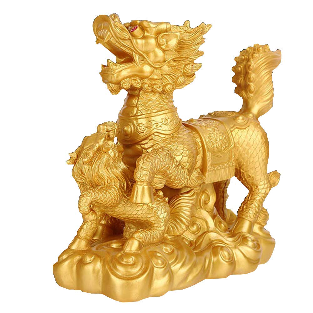 SnamicE Ornament Golden Brass Qilin/Kylin Statue Sculpture, Decoration Gift Attract Wealth And Good Luck for Home Office,SmallSet,D-A
