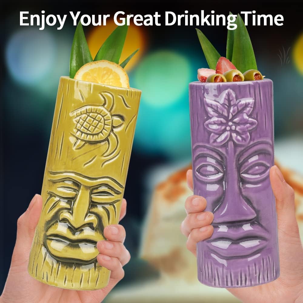 Tiki zestaw filiżanek, 4 sztuki, szklanki tiki do koktajli, duże tropikalne kubki ceramiczne z podstawkami, na Hawaje, Tiki, imprezę, koktajl, szkło, do baru, drinków, premium, tropikalne, egzotyczne
