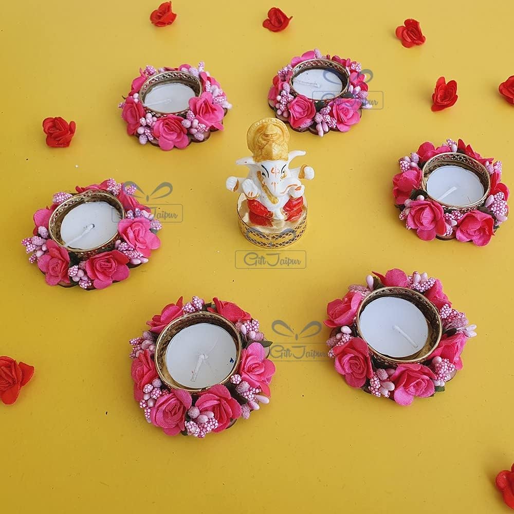Pink Color Reusable Decorative Diya Set of 6 Handmade Tea Light Candle Designer Diyas with Ganesha Idol - Deepak, Candles, Home Decoration for puja Festival New Year