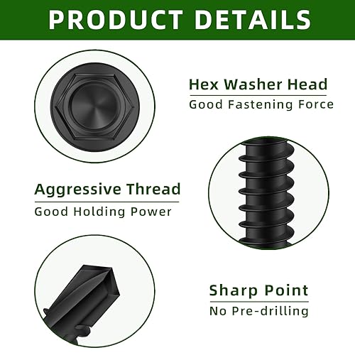 Miniatura 3 de Mellewell Tornillos autoperforantes de cabeza hexagonal #10 x 3, tornillos autoperforantes de acero inoxidable 410, acabado negro, 50 unidades