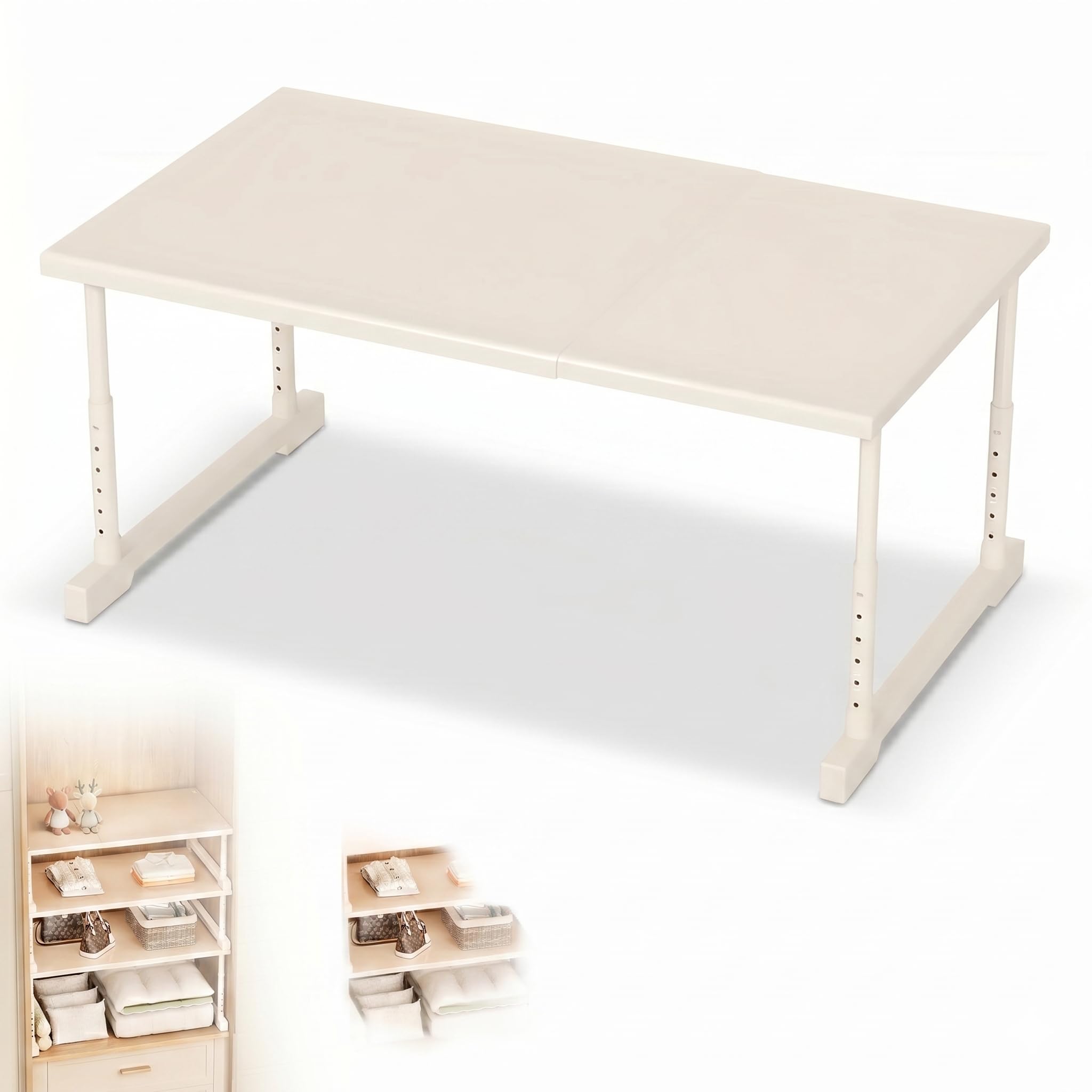 Mensola da cucina estensibile, scaffale da armadio regolabile in altezza, organizer da bancone impilabile, in acciaio al carbonio, mensola da pranzo beige, 50-85 x 42 x 35-50 cm