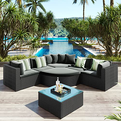 Yswh 7-Piece Outdoor Patio Cushioned Curved Sofa Set With Striped Green Pillows, Half Moon Wicker Furniture Sectional Conversation Set With Fan-Shaped Sofa And Glass Coffee Table #TOP3