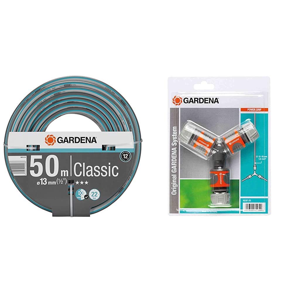 Gardena Classic Schlauch 13 mm (1/2 Zoll), 50 m: Universeller Gartenschlauch & Abzweig-Satz für 13 mm (1/2 Zoll)- und 15 mm (5/8 Zoll)-Wasserschläuche: Wasserdichter Abzweig-Verbinder