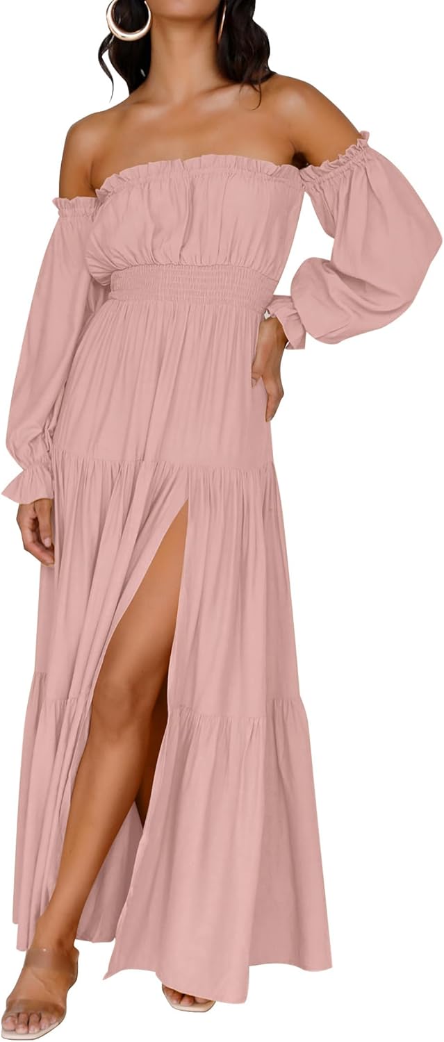 ZESICA Women's 2026 Boho Sexy Off Shoulder Long Sleeve Smocked High Waist Side Split Flowy A Line Tiered Long Maxi Dress Pink Medium