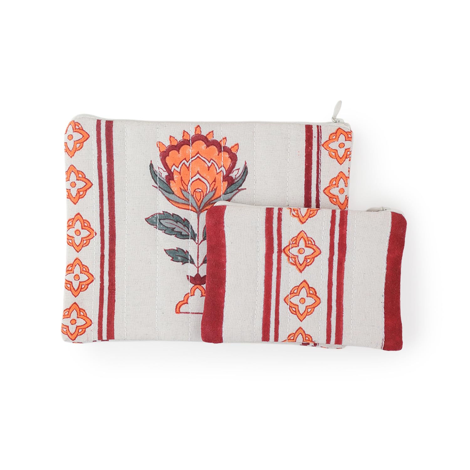 Eyaas Block Printed Quilted Cotton Multipurpose Travel Pouch Set of 2 (8.5 x 6.5 inches & 6 x 4 inches, Orange & Maroon), Organiser Pouche Bags for Cosmetics/Travel Essentials/Toiletry-image-13