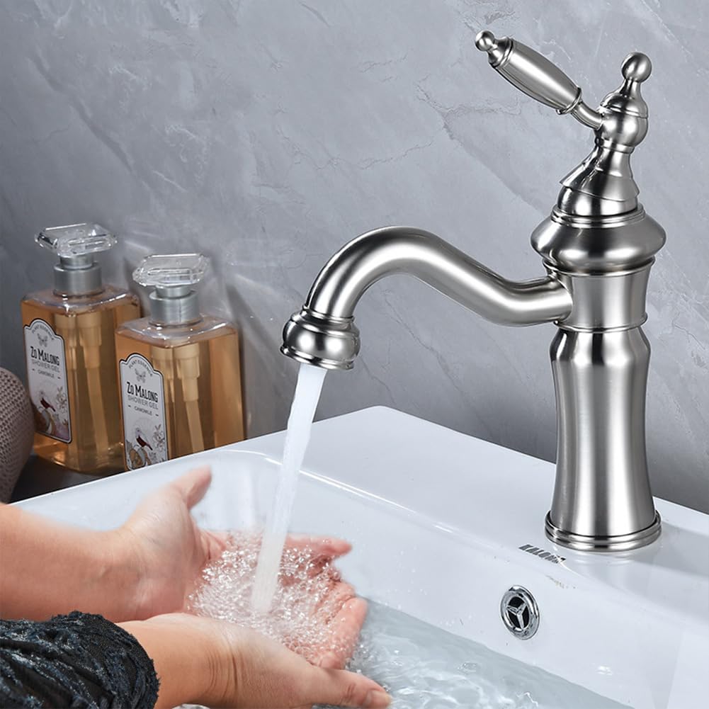 Wasserhahn Bad Waschtischarmatur Retro Antik Stil Messing Einhebel Mischbatterie Waschbecken Armatur, Badarmatur Waschtischbatterie Badezimmer, Gebürstetes