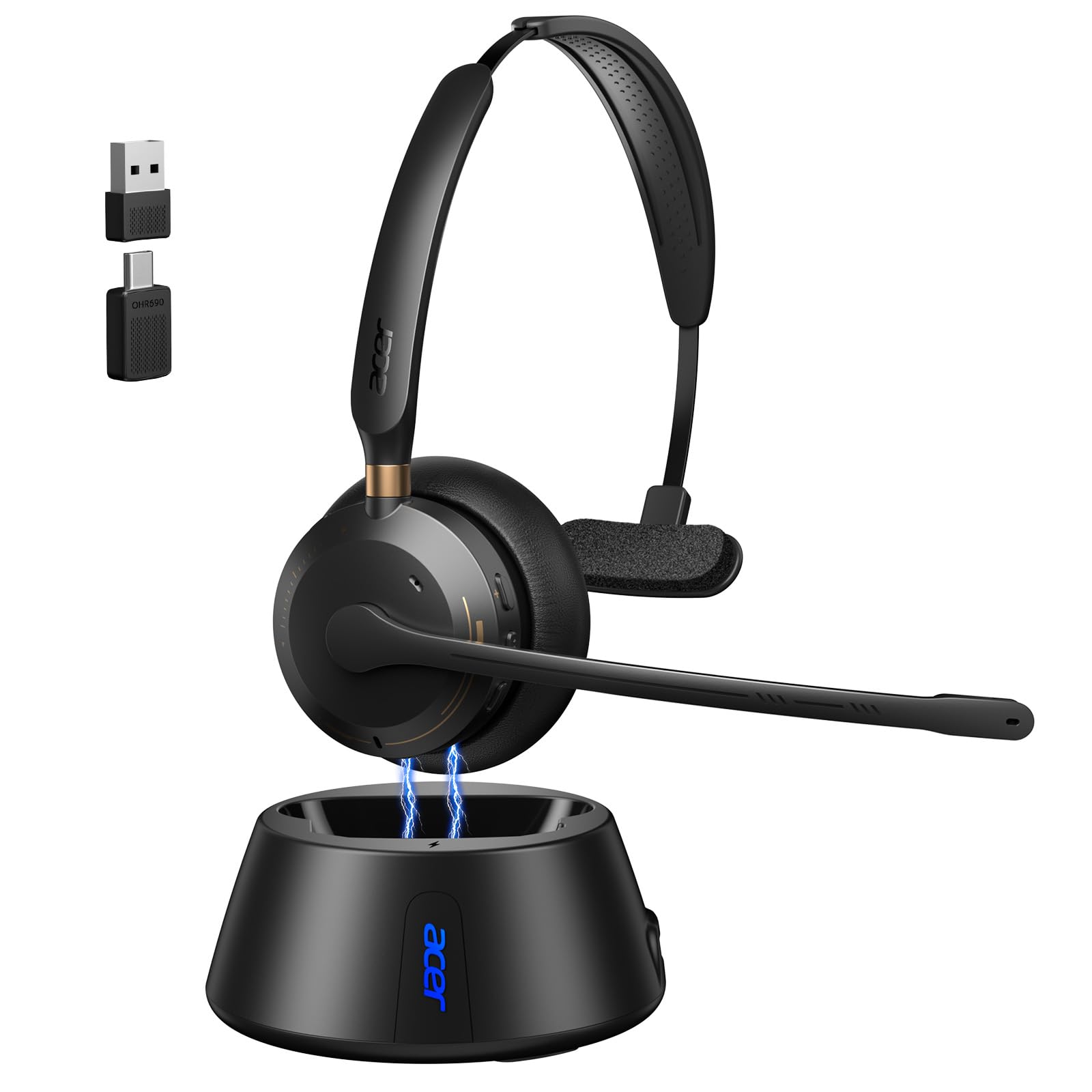 Photo 1 of Wireless Headset with Mic for Work, AI ENC Noise Cancelling for Clear Call & Meeting, Single Ear Work Headset with Charge Stand for Remote & Office. Bluetooth 5.3 & USB 2.4G Dongle for Zoom & Teams