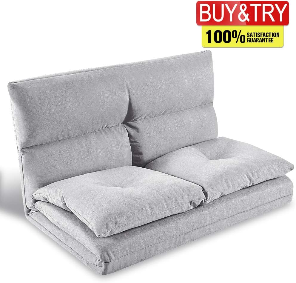 Hooseng Fabric Folding, Love Seat Adustable Chaise Lounge Lazy Sofas Gaming Chair Floor Couch for Living Room and Bedroom, Gray