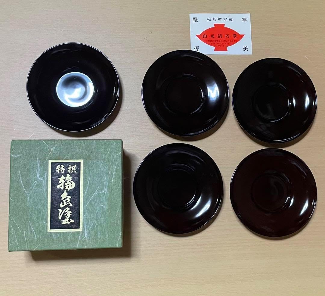 輪島塗　茶托　漆器　漆　乾漆　5セット 伝統工芸】輪島塗 茶托 5客揃 小花 坂口政昭氏作 | ブランド洋食