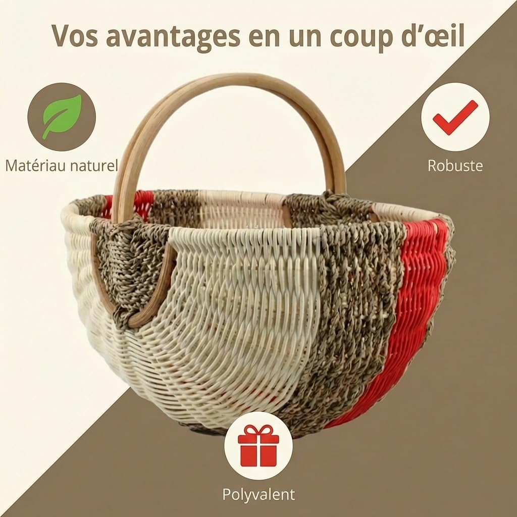 Grand Panier de Courses en Rotin et Jonc de Mer – Panier de Pique-Nique Tressé à la Main avec Anse – 48x33x24 cm – Panier de Marché Robuste et Stable – Design Vintage – Vert
