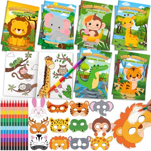 Toyssa Animali Gadget Compleanno Bambini con Libri da Colorare, Maschera, Sacchetti Regalo, Animali Regalini Fine Festa Compleanno per Bambini, Gadget Pignatta Bambino Bambina
