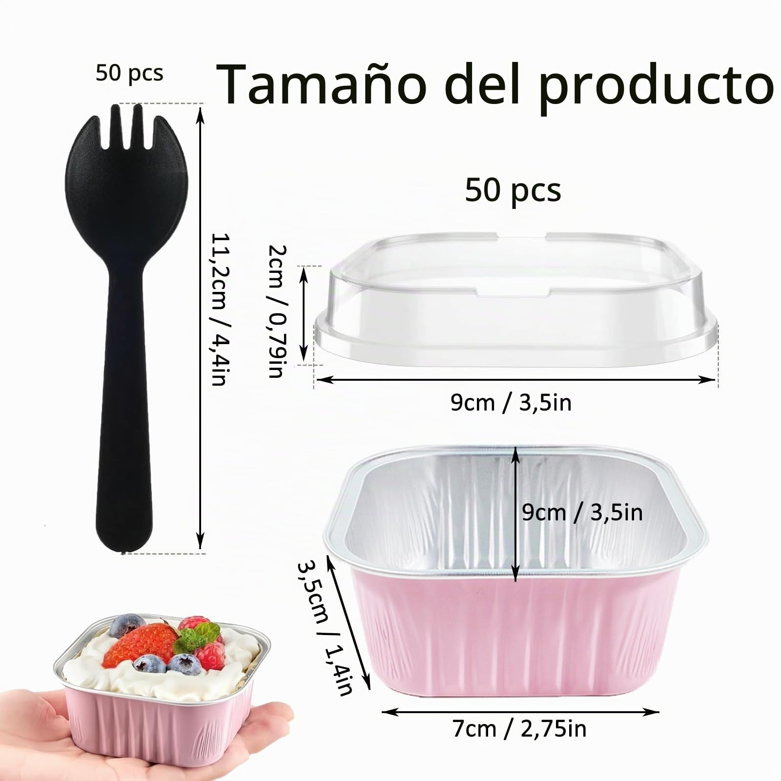 Mini Taza Papel Aluminio Con Tapa, 50 Piezas 150ML Moldes para Cupcakes de Papel de Aluminio, Mini Moldes Para Pan, Con 50 Cucharas, para Postres, Pasteles, Panes(Rosa)