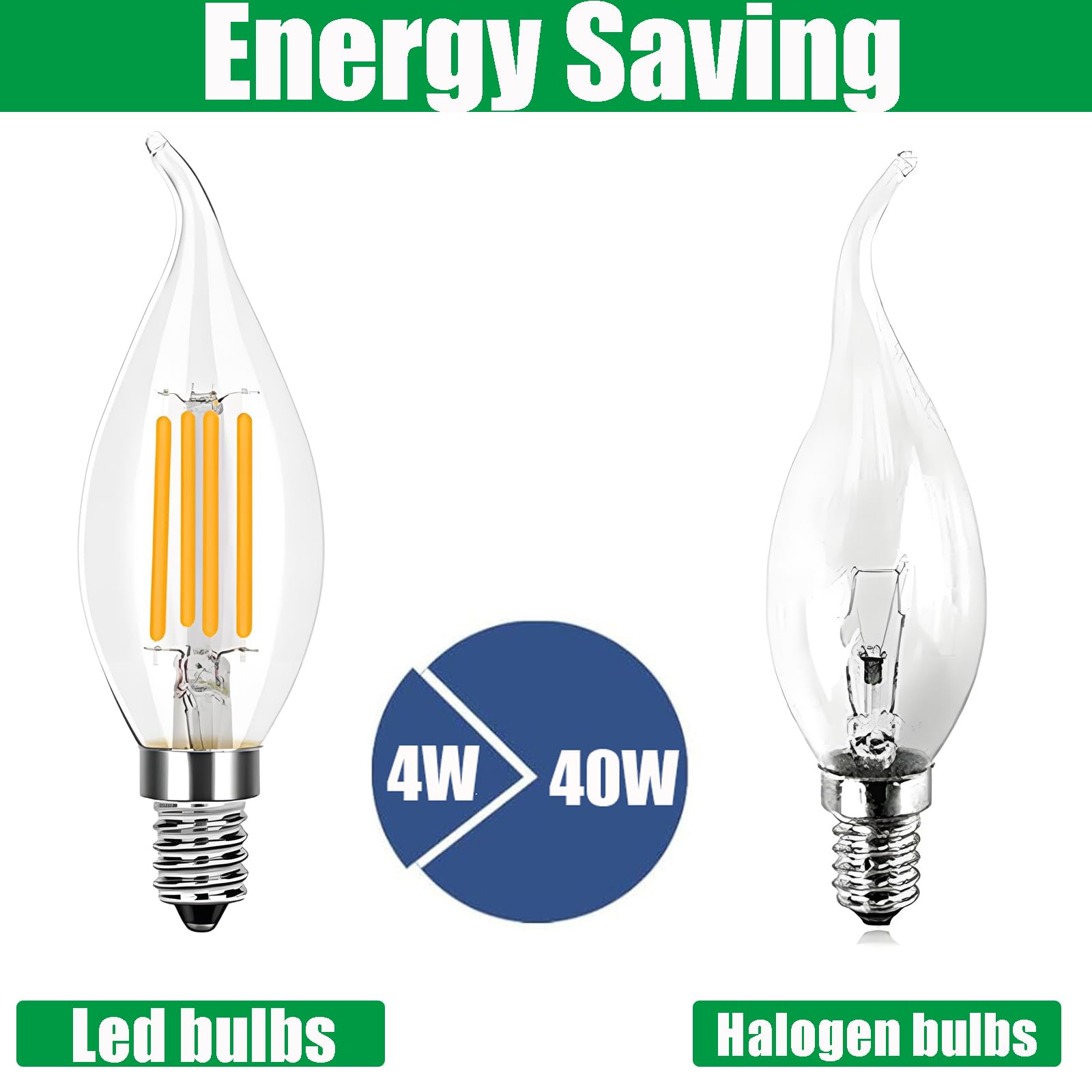 6 Pack E14 Flame Tip LED Filament Candle Light Bulb, 4W 400 LM, 40W Incandescent Bulbs Equivalent - Image 3