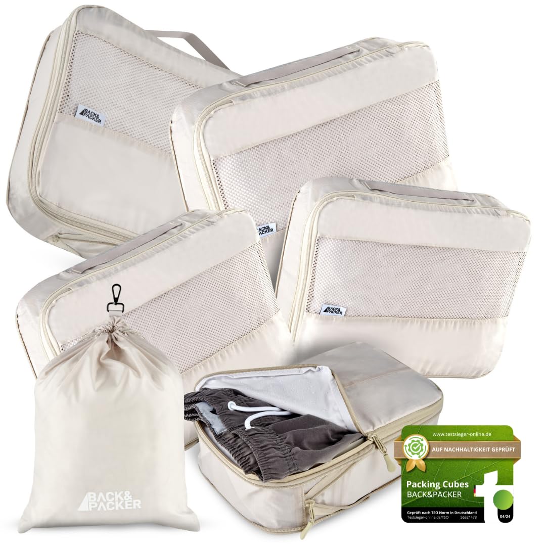 BACK&PACKER® Organizadores de viaje con compresión 6 piezas - Cubos de embalaje de material reciclado para mochila y maleta - Beige