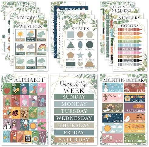 Hadley Designs 16 Greenery Kids Educational Posters For Toddlers 1-3 – Homeschool Posters Preschool, Pre K Learning Posters, Alphabet Poster For Toddlers, Teacher Posters For Classroom Posters