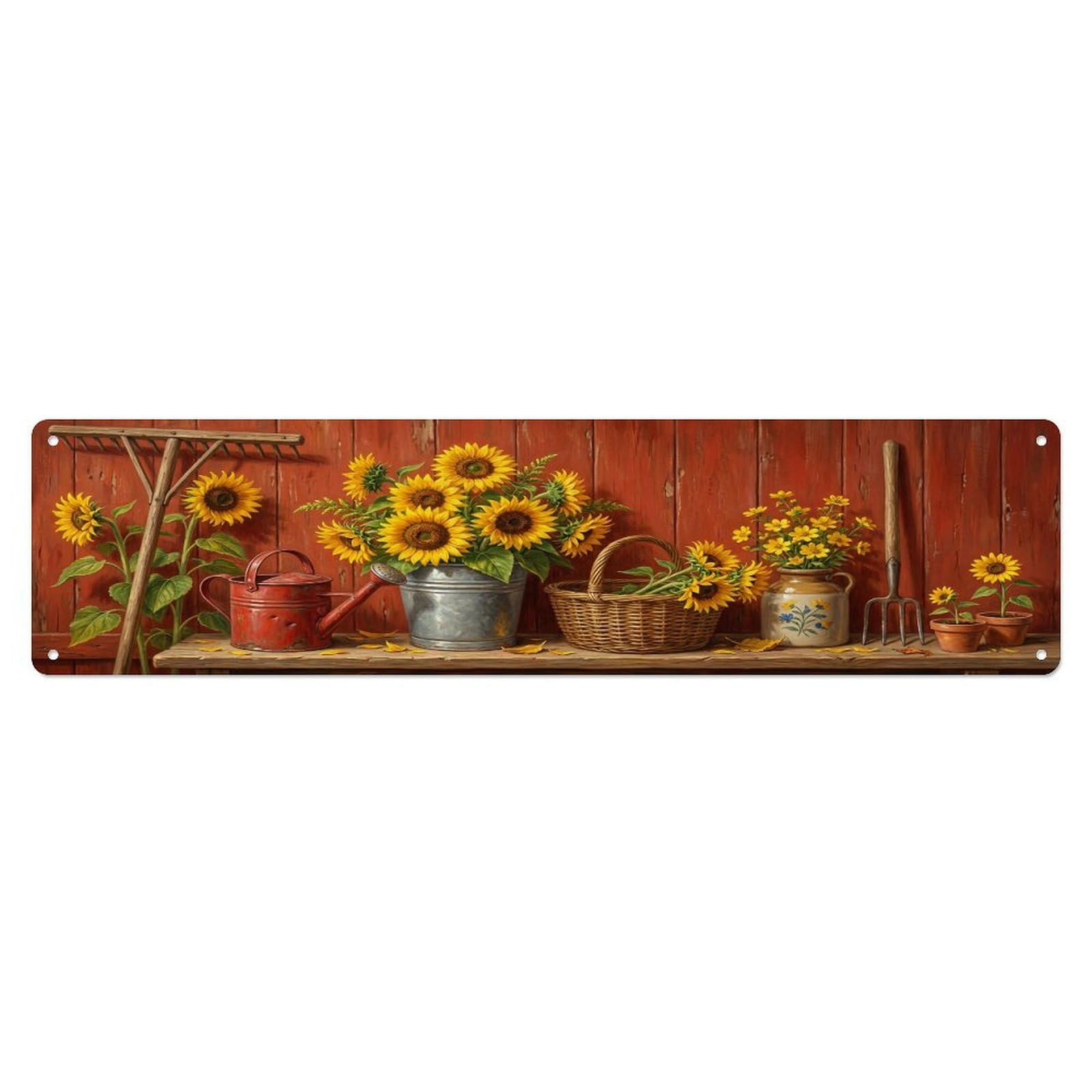 Floral Garden Tools Rake Sunflower Pattern Print Metal Tin Sign