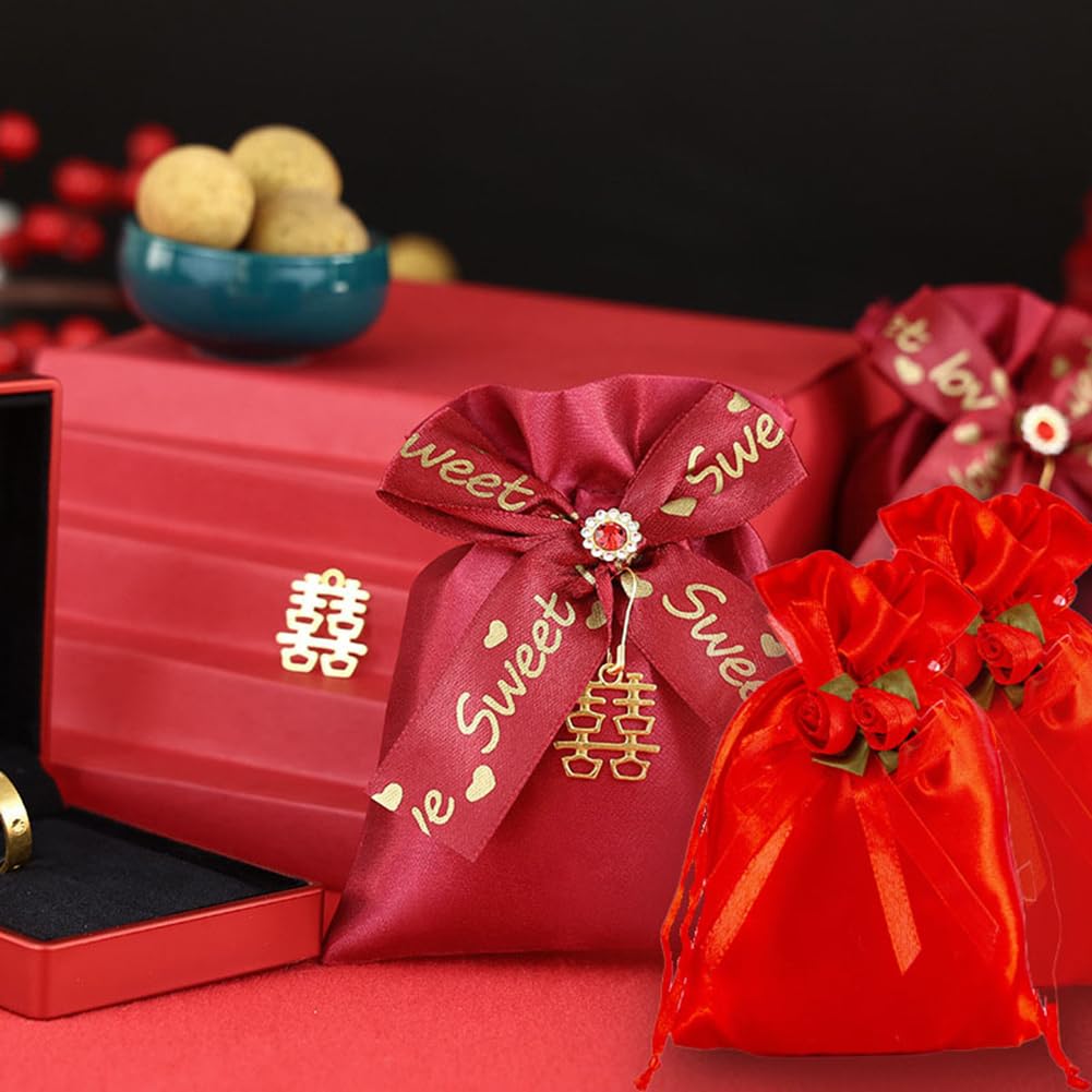 50pcs 13×18cm Geschenktüten mit Kordelzug und Blumen, Satin Schmuckbeutel Geschenkbeutel Aufbewahrungsbeutel für Hochzeit Babydusche Weihnachten Party Schmuck Süßigkeiten Weiß
