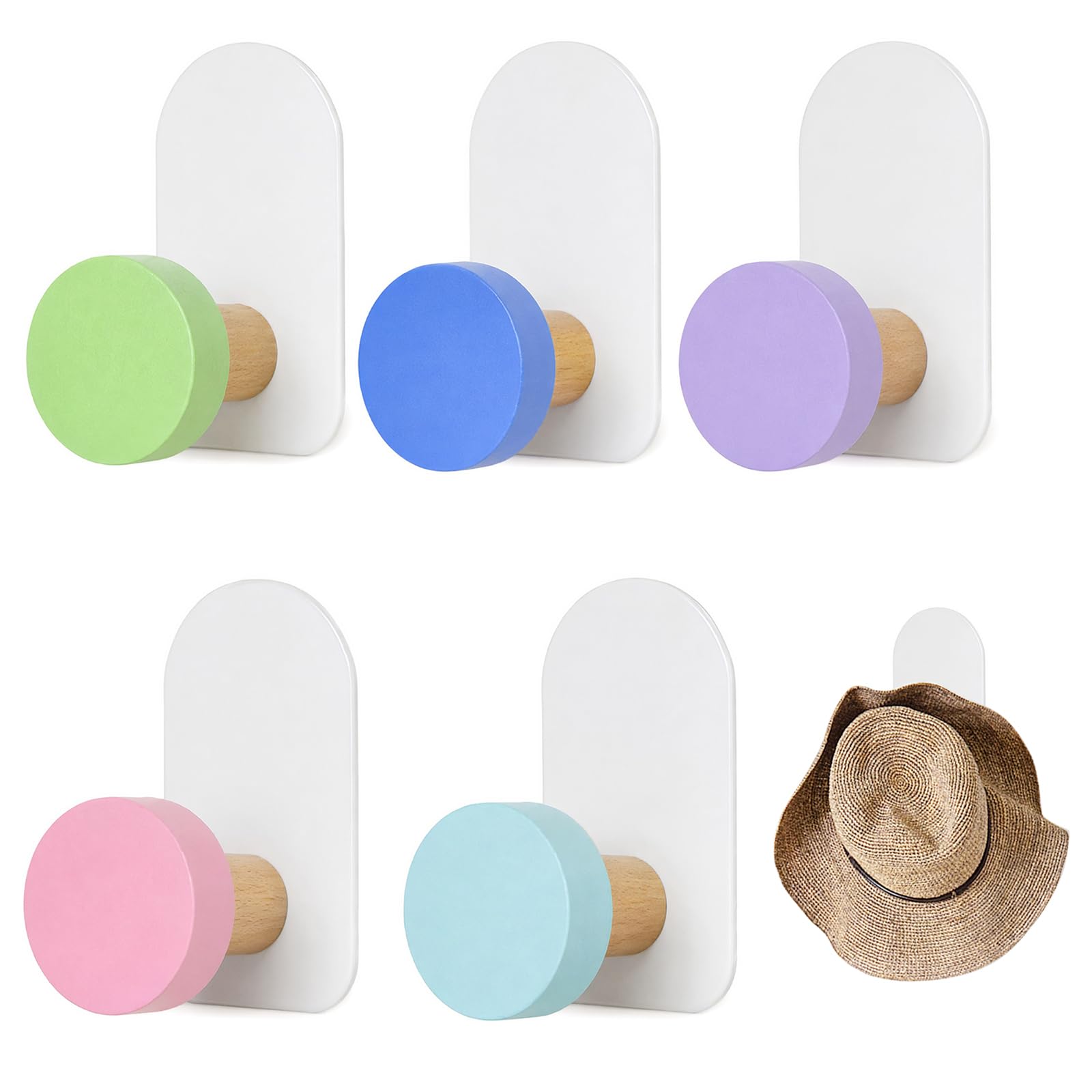 Msjuwek 5-Pack Self-Adhesive Kids Coat Hooks, Colorful Cartoon Animal Wall Hooks for Children, Heavy Duty Sticky Towel Hooks for Clothes, Backpacks, Hats, No Drilling Required, Macaron Round