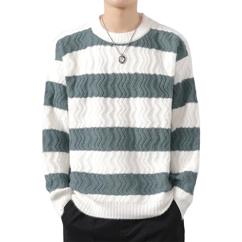 Autumn Winter Men's Striped Knitted Sweater O-Neck Loose Casual Knit Pullovers Men Warm Streetwear Pullover 7